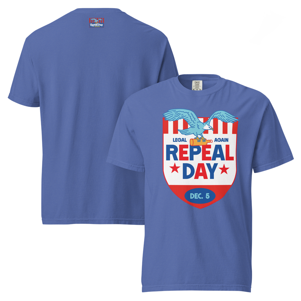 Blue t-shirt with 'REPEAL DAY' graphic on a white background