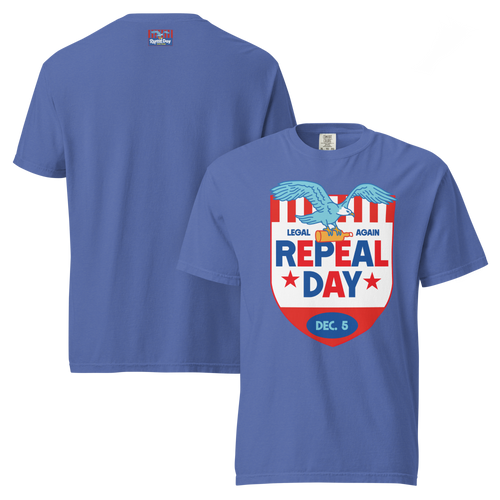 Blue t-shirt with 'REPEAL DAY' graphic on a white background